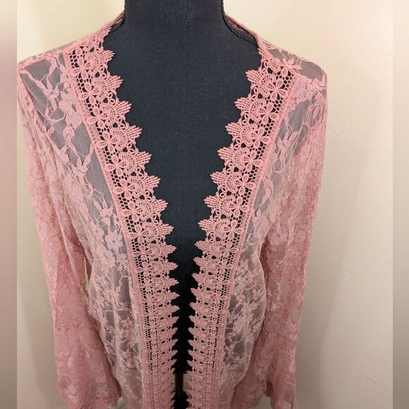 Polly Esther Cardigan Cover Up Pink Long Knit Crochet Bohemian Beach Large - Picture 6 of 10